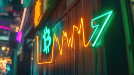 Obraz premium Bitcoin value increasing, with a glowing green line graph pointing up to the right, symbolizing growth and digital investment.