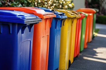Vibrant Row of Colorful Recycling Bins