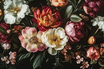 Dark Bloom: Exquisite Peonies and Roses in Rich, Lush Arrangement, Captivating Beauty, Detailed Painting