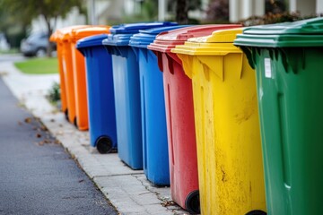 Colorful Recycling Bins on a Residential Street