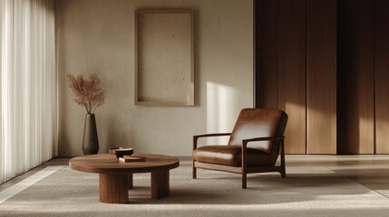 Modern minimalist living room, leather armchair, wooden coffee table, sunlight