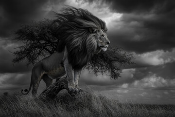 A royal lion is sitting on a tree