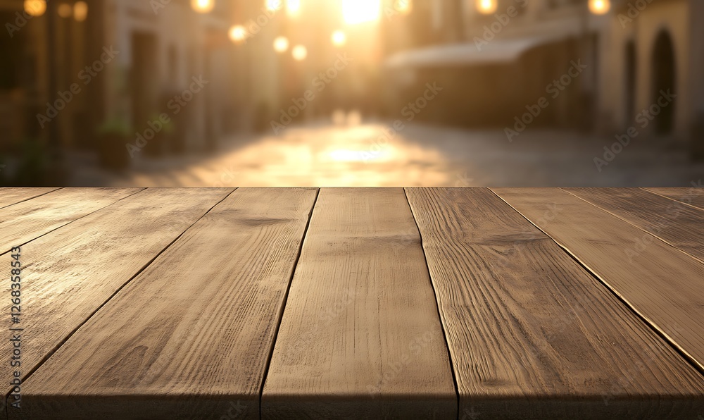 Poster A detailed image of a smooth wooden tabletop captured in sharp focus, showcasing its textures and patterns.