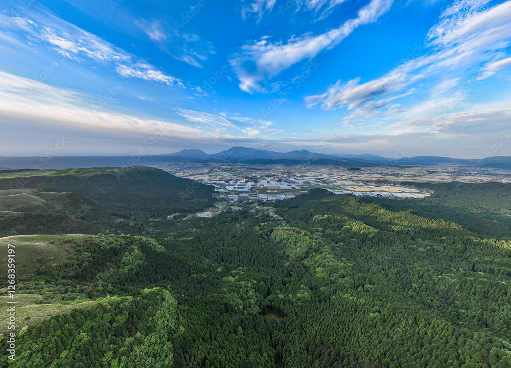 Poster 阿蘇山、阿蘇、パノラマ、超広角、空撮、ドローン、森林、熊本県、日本、自然、環境、農業、山林、青空、地平線、展望、絶景、将来、風景、景色、景観、阿蘇市、山脈、カルデラ、観光、旅行、観光地、新緑、大地、グリーン、エコロジー、地球環境、環境保護、気候変動、サステナブル、SDGs、サステナビリティ、グリーントランスフォーメーション、GX、SX、ESG投資、脱炭素社会、カーボンオフセット、カーボンニュートラ