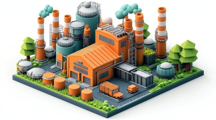 Isometric factory producing goods, industrial landscape