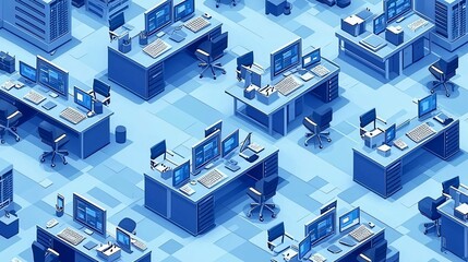 Isometric Office Workspace Blue-toned desks, computers, and chairs. Background shows a tiled floor. Use website banner or presentation