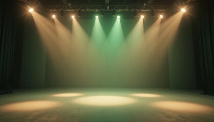 Stage spotlights illuminate the empty scene, poised for theatrical performance