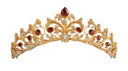 Golden crown with red and white gems on transparent background