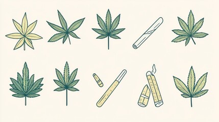 Hand-Drawn Illustrations of Cannabis Leaves and Accessories Design
