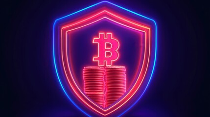 Fototapeta premium Neon style shield icon with a stack of coins, signifying the need for robust financial protection and wealth safeguarding.