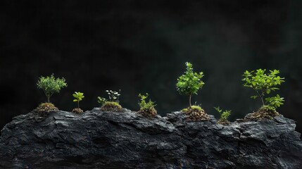 Growth Stages of Plants on Dark Stone Surface in Low Light Setting