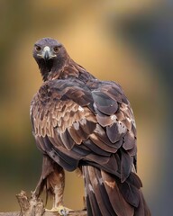 This majestic golden eagle stands proudly on a sturdy tree branch, its sharp eyes staring intently into the distance. 