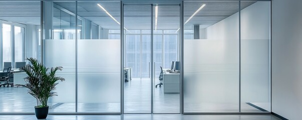 Modern office glass partition, plant, workspace view