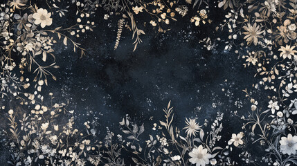 A dark floral background featuring delicate white and gold flowers.
