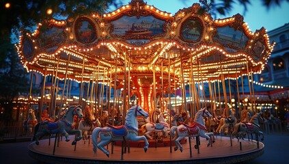 Enchanting Carousel Horses: Nighttime Ride, Illuminated Beauty, Festive Atmosphere, Classic Design, Whimsical Fun, Family Entertainment