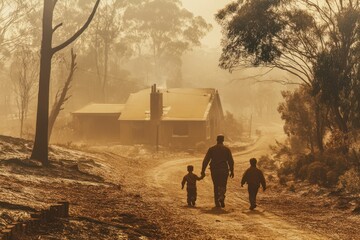 A family returning to their home after bushfire recovery, with firefighters in the background.