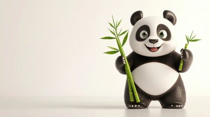 Naklejka premium Cute Cartoon Panda Holding Bamboo in a Fun, Playful Pose