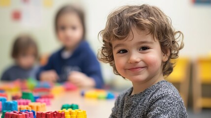 Fototapeta premium Happy child smiling during creative playtime with colorful blocks