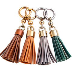 Elegant Handcrafted Leather Keychain Charms with Tassels  whit background.