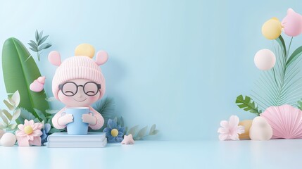 A cute 3D illustration of a person in a cozy setting, enjoying some quiet time with limited distractions, embodying the concept of a low information diet. The bright,