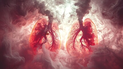Lungs in smoky fluid, medical illustration