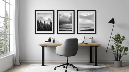 Modern office, three monochrome landscape prints, home decor, calm workspace
