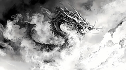 Smoke dragon a sideways glimpse of a ferocious beast emerging from a black and white ink cloud tribal. Cloudborn Leviathans. Illustration