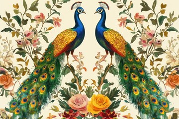Naklejka premium Hand-drawn and hand-painted ornamental wallpaper with colorful peacocks, birds, and detailed floral botanical designs for a retro vibe.
