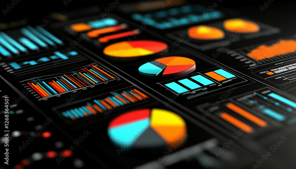 Poster a close up view of a futuristic data dashboard displaying numerous charts and graphs