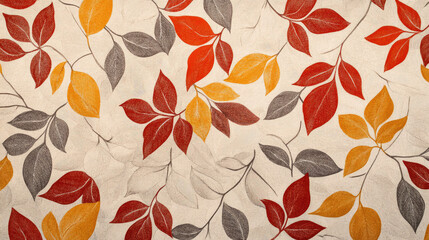 Fototapeta premium A decorative pattern featuring autumn leaves in warm colors on a light background.