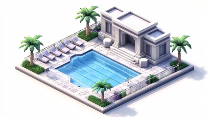 Luxury resort pool, palm trees, isometric view, summer vacation