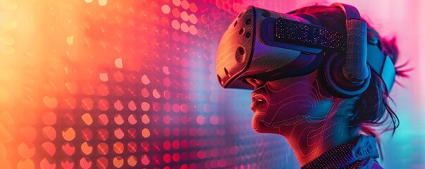 Person in virtual reality headset on neon background. VR gaming and metaverse concept. Futuristic digital entertainment for Black Friday, Cyber Monday and Christmas
