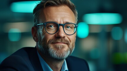 Obraz premium Thoughtful gaze, portrait of a bearded man with glasses, exuding intellect and style