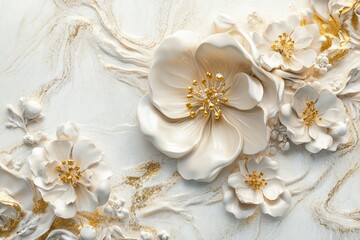 Naklejka premium Intricate 3D design of white and gold flowers with detailed textures, seamlessly blending with a marbled white background.