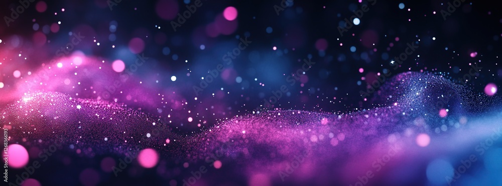 Poster purple and blue particle waves flowing dynamically in dark space, creating a mesmerizing abstract vi