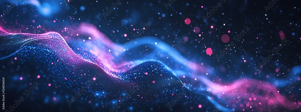 Poster abstract particle waves flow dynamically in neon colors, creating a futuristic and vibrant visual ex