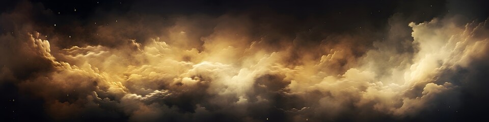 Obraz premium Dark dramatic stormy clouds in golden sunset sky panorama with copy space. Moody weather background for Easter, Good Friday, Halloween, All Saints Day and Thanksgiving