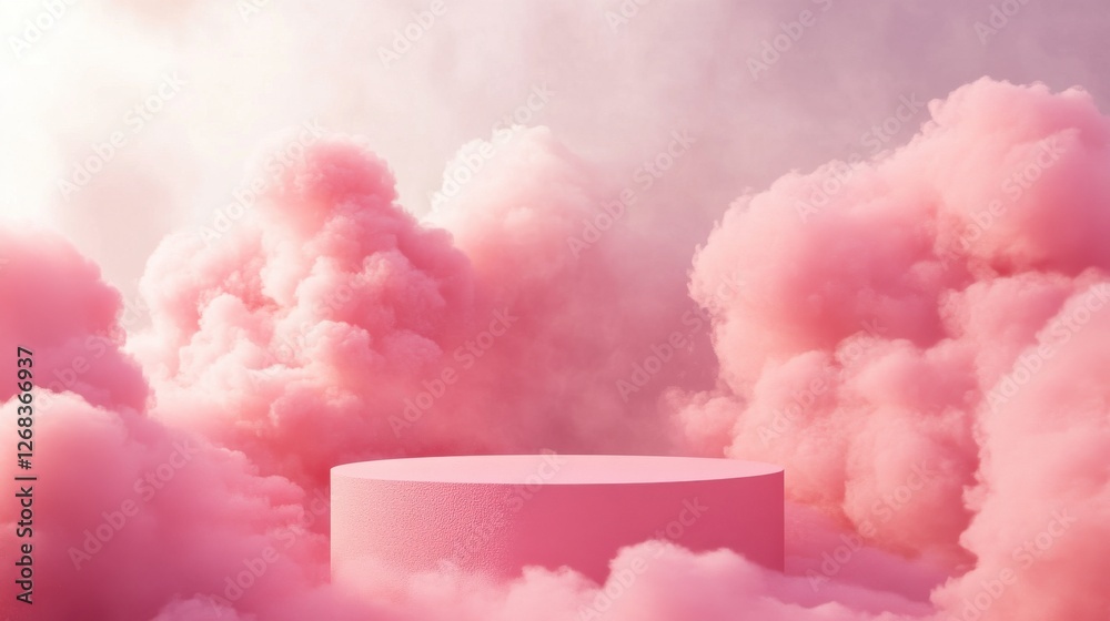 Wall mural soft pink clouds surrounding rounded platform in ethereal setting