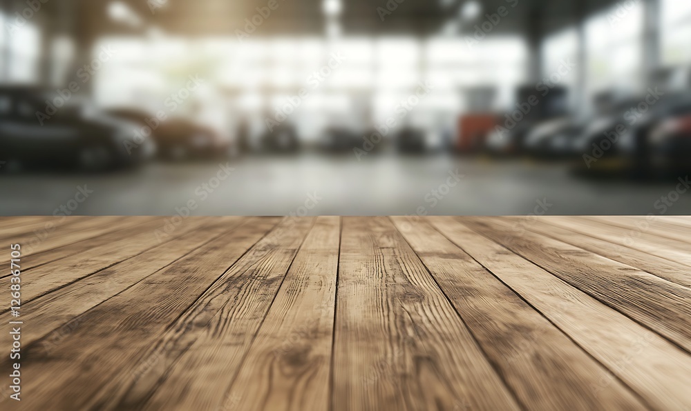 Aufkleber rustic wooden work surface with a blurred background, ideal for design and decor projects.