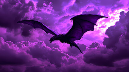 A dark winged dragon soars through purple storm clouds. Cloudborn Leviathans. Illustration