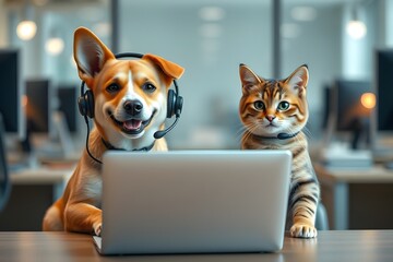 Friendly customer support talking cat and dog and working with call center headsets.
