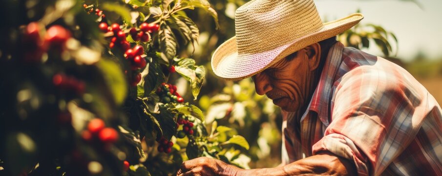 Senior african american man harvesting coffee beans on plantation. Coffee farm worker picking ripe cherries. Agriculture and farming. International Coffee Day - Powered by Adobe