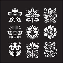 Flower icon set in black white background