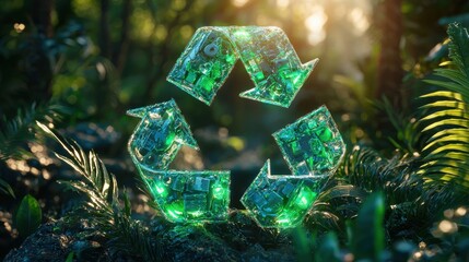 Circular Recycling Icon Formed from Discarded Plastic in a Lush Green Environment Highlighting Environmental Sustainability and Awareness with forest background