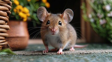 Small mouse standing on carpet in doorway with high detail and clarity in indoor environment