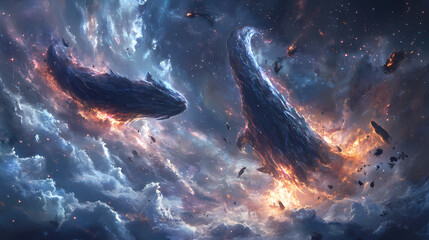 Cosmic leviathans of cosmic energy and gravitational force, locked in an eternal clash amidst a swirling maelstrom of cosmic debris and interstellar dust clouds. Cloudborn Leviathans. Illustration