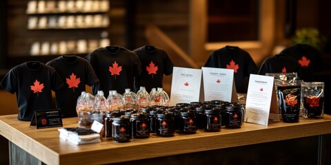 Maple syrup shop display shirts, jars, bags, brochures