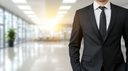 Confident businessman in a stylish suit stands in modern office hallway 