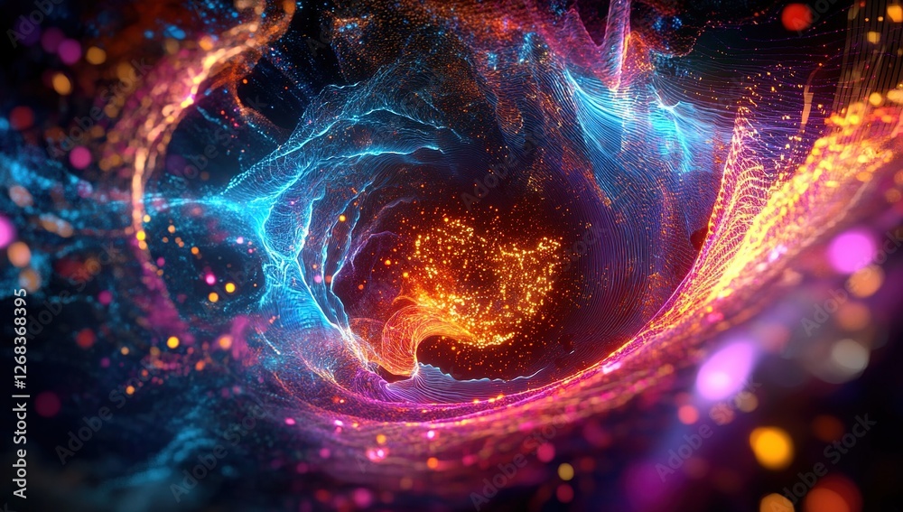 Poster vibrant particles flowing dynamically in a swirling vortex of light and color, creating a mesmerizin