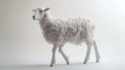 Fototapeta premium Fluffy sheep walking, studio shot, calm background, for textile ads